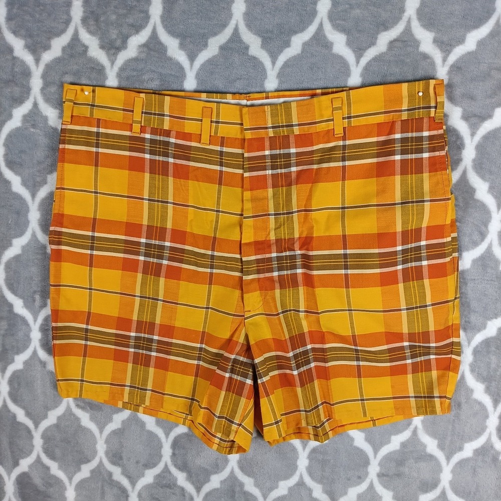 Farah Vintage Plaid Shorts Men 36 Orange Yellow Made In USA Golf Leisure Retro